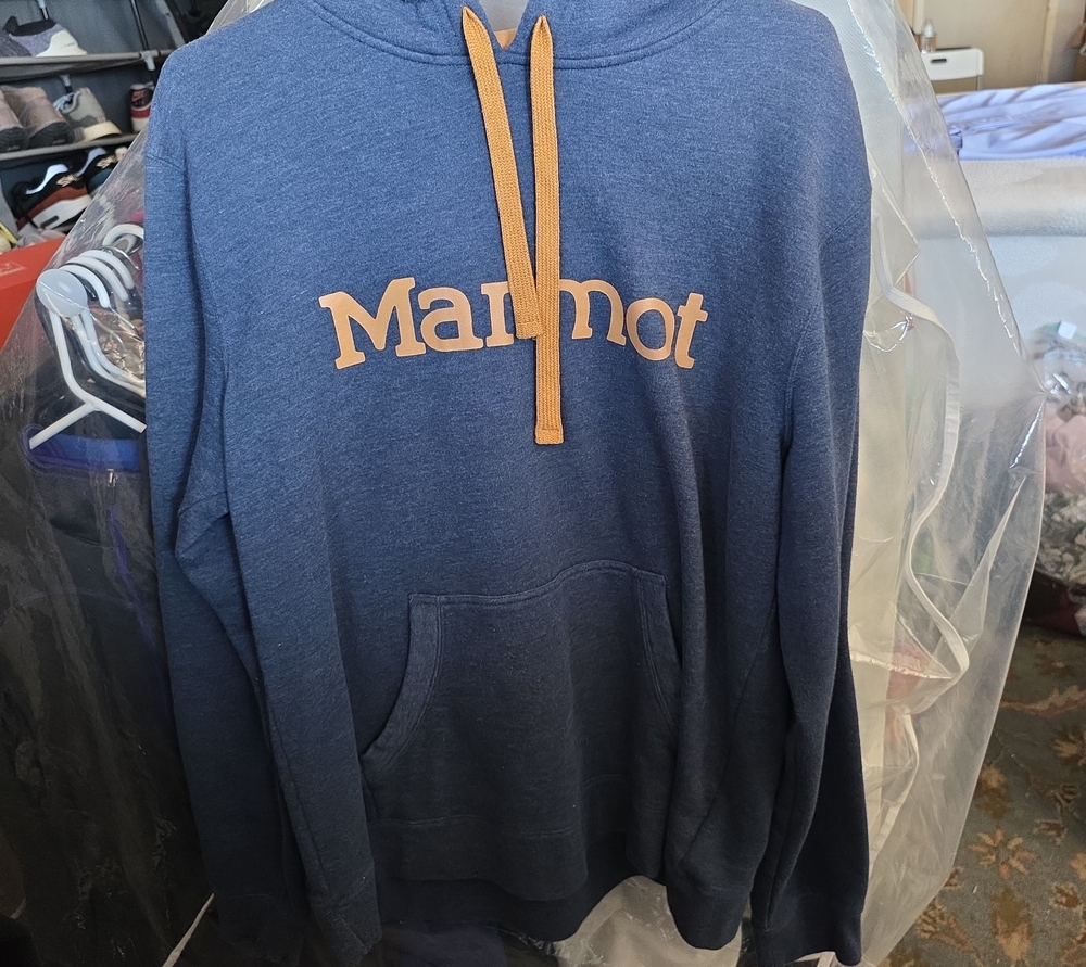Marmot Navy Pullover Hoodie with Tan Accents